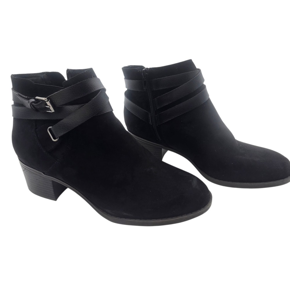 GH Bass Buckle Ankle Boots 10M Black Suede‎ Block Heel Womens Wrap Ankle Straps